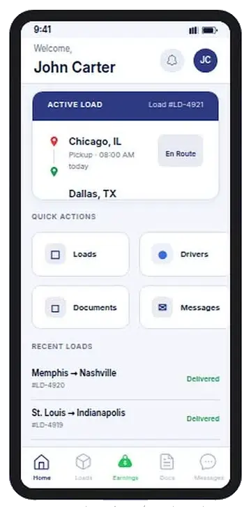FleetOS Driver home dashboard